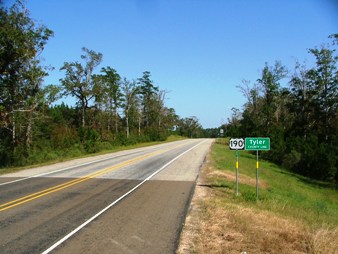 The view on Highway 190 entering Tyler County from Polk County.