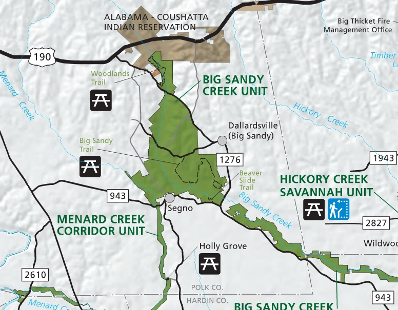 A map of the Big Sandy Creek Unit of the Big Thicket National Preserve.
